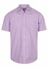 A short-sleeved button-up shirt in purple and white gingham pattern, featuring a chest pocket and a logo.