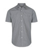 A button-up shirt in a black and white gingham pattern, featuring a standard collar and short sleeves.