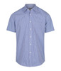 A blue and white checkered button-up shirt with short sleeves and a collar, featuring a logo.