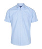 A short-sleeved, button-up shirt with a light blue and white gingham pattern. It features a chest pocket and a logo.