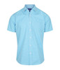 A light blue button-up shirt with a gingham pattern, featuring short sleeves and a chest pocket. It has a logo on the label.