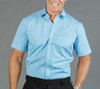 Short-sleeved button-up shirt in light blue gingham pattern, featuring a collar and a logo on the chest.