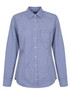 A button-up shirt in blue and white gingham pattern with a chest pocket and long sleeves. Features a logo.