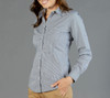A button-up shirt in a black and white gingham pattern, featuring a fitted design and long sleeves.