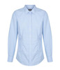 A light blue gingham button-up shirt with long sleeves and a collar, featuring a logo on the chest.