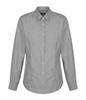 A button-up shirt in black and white gingham pattern with a classic collar and long sleeves. It has a branding logo.