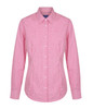 A red and white gingham button-up shirt with long sleeves and a classic collar, featuring a logo on the front.