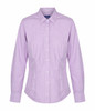 A button-up shirt in a purple and white gingham pattern, featuring a collar and long sleeves. It has a logo.