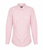 A button-up shirt in pink and white gingham pattern with a collar and long sleeves. Features a logo.