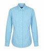 A button-up shirt in light blue gingham pattern with long sleeves and a collar, featuring a logo.