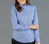 A button-up shirt featuring blue and white gingham checks, with long sleeves and a collar. It has a logo on it.