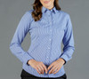 A button-up shirt in blue and white gingham pattern, featuring a collar and long sleeves.