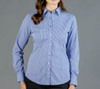 A blue and white gingham button-up shirt featuring a classic collar and long sleeves. It has a logo on the garment.