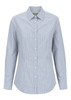 A button-up shirt featuring a blue and white gingham pattern, with long sleeves and a pointed collar. It has a logo.