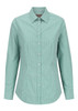 A green checkered button-up shirt with a collar and long sleeves, featuring a logo on the chest area.