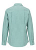 A button-up shirt in a teal gingham pattern, featuring long sleeves and a collar, with a branding logo on the back.