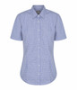 A blue and white checked short-sleeve button-up shirt with a collar and a logo.