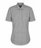 A button-up shirt featuring a black and white gingham pattern with short sleeves and a curved hem. It has a logo on the label.