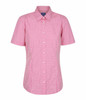 A pink and white gingham button-up shirt featuring short sleeves and a collared neckline. It has a branding logo.