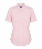 A short-sleeve button-up shirt in pink and white gingham pattern, featuring a collar and a subtle brand logo.