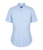 A short-sleeved button-up shirt in light blue gingham with a collar and a fitted shape. It features a logo on the collar.