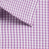 A close-up of a purple and white gingham patterned button-up shirt featuring a collared neckline.