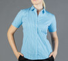 A short-sleeved button-up shirt in blue gingham pattern, featuring a fitted design and a collar.