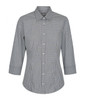 A button-up shirt in black and white gingham pattern, featuring a collar and three-quarter sleeves.