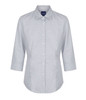 A button-up shirt in a blue and white gingham pattern, featuring a collared neck and three-quarter sleeves. It has a logo.