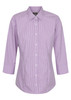 A button-up shirt featuring a purple and white gingham pattern with three-quarter sleeves and a collar.