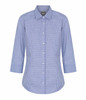 A button-up shirt in blue and white gingham pattern, featuring a collar and three-quarter sleeves.