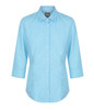 A button-up shirt in light blue gingham pattern with three-quarter sleeves and a collar. It features a logo at the neck.