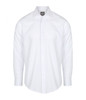 A white button-up shirt with long sleeves and a branded collar.