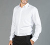 A button-up shirt in white, featuring a classic collar and a front button closure, displayed on a model against a grey background.