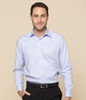 A light blue button-up shirt featuring a collar and long sleeves, worn by a smiling man with a belt.