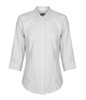 A button-up shirt in light grey with three-quarter sleeves and a classic collar, featuring a logo.