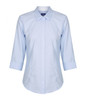 A light blue button-up shirt with three-quarter sleeves and a collar. It features a logo on the chest area.