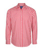A button-up shirt featuring a red and white checkered pattern with long sleeves and a classic collar.