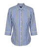 A blue and white checkered button-up shirt with three-quarter sleeves and a collar. Features a logo on the side.