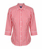A red and white checkered button-up shirt with three-quarter sleeves and a collar. It has a logo on the chest.