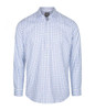 A button-up shirt featuring a blue and white check pattern with long sleeves. Includes a logo on the label.