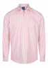 A button-up shirt featuring a red and white check pattern with long sleeves and a collar. It has a logo on the label.