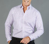 A purple and white check button-up shirt displayed on a smiling male model against a grey background.