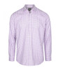A button-up shirt featuring a purple and white check pattern, with a collar and long sleeves. It has a logo.