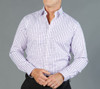 A button-up shirt in a purple and white check pattern, featuring a collar and long sleeves, with a subtle logo.