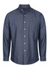 A button-up shirt in dark blue chambray with a subtle pattern and a chest pocket. It features a collar and long sleeves.