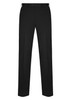 Black slacks with a classic cut, featuring a waistband and a logo on the back.