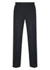 Black slacks with a tailored fit, featuring a waistband and a subtle pinstripe pattern. Includes a logo detail.