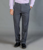 Dark grey slacks with a tailored fit, featuring side pockets and a button closure, worn with black shoes.