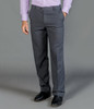 A pair of grey slacks with a straight leg design, featuring side pockets and a front crease.